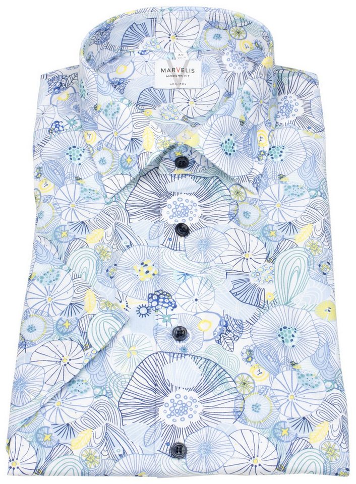 MARVELIS Kurzarmhemd Modern Fit leicht tailliert bügelfrei Kentkragen von MARVELIS