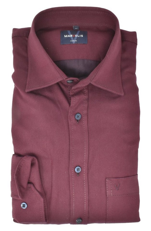 MARVELIS Langarmhemd Freizeithemd - Casual Modern Fit - Langarm - Einfarbig - Bordeaux Feinstreifen von MARVELIS