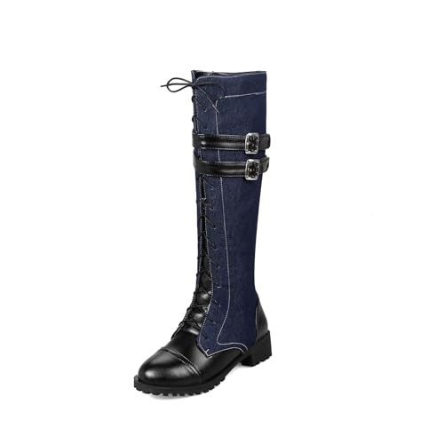 MARXAN Damen-Jeans-Cowboystiefel, niedriger Absatz, Kniestiefel, Kreuz, Schnürung, seitlicher Reißverschluss, Plüschfutter, Damenschuhe, Übergröße (Color : Noir, Size : 43 EU) von MARXAN