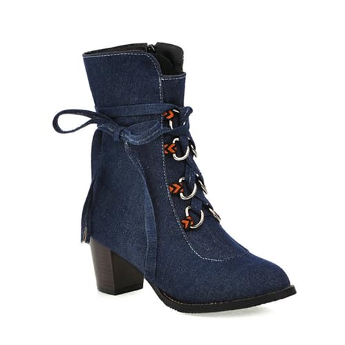 MARXAN Damen-Winterstiefel, runde Spitze, Denim, elegante Stiefeletten, hoher Absatz, kurze Schnürstiefeletten mit seitlichem Reißverschluss (Color : Dark blue, Size : 48) von MARXAN