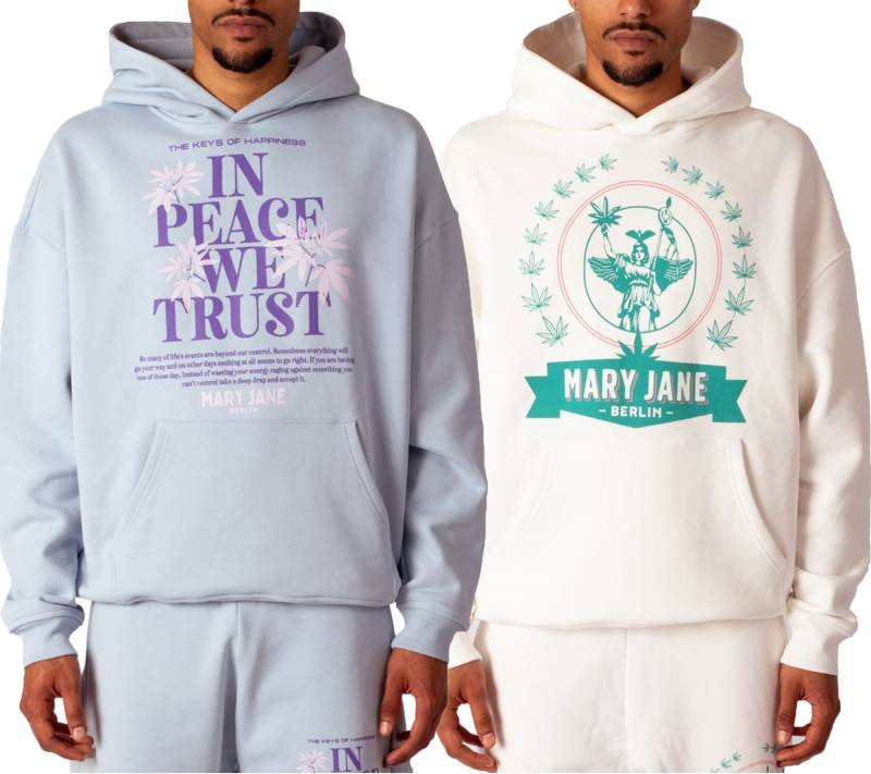 MARY JANE BERLIN Herren Kapuzen-Pullover mit Logo oder Schriftzug Print modischer Baumwoll-Pullover Hoodie 2406-4-SW Weiß oder Hellblau von MARY JANE BERLIN
