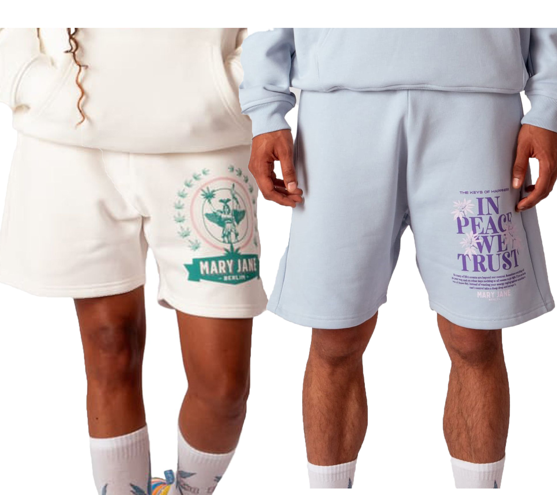 MARY JANE BERLIN Herren Sweat-Shorts mit “IN PEACE WE TRUST” oder Logo Print Sommer-Hose Baumwoll-Shorts 2406-4-SH Hell-Blau oder Weiß von MARY JANE BERLIN