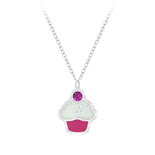 MARY ZOE Mädchen-Halskette Kette 36 cm plus 5cm Anhänger Muffin Cupcake 8mm Pink Weiß mit Glitzer 925 Sterling Silber von MARY ZOE