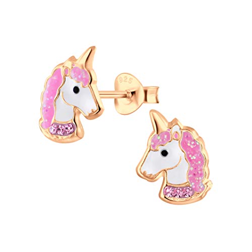 MARY ZOE Mädchen-Ohrstecker Einhorn weiß rosa 11mm Glitzer Rose vergoldet925 Sterling Silber von MARY ZOE