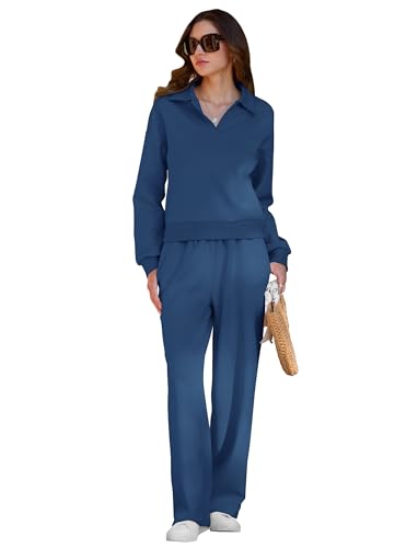 MARZXIN 2025 Herbst Winter Schlafanzug Damen Lang Loungewear Set Sweatshirt und Weite Hose Pyjama Set Blau S von MARZXIN