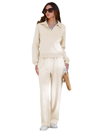 MARZXIN 2025 Herbst Winter Schlafanzug Damen Lang Loungewear Set Sweatshirt und Weite Hose Pyjama Set Creme L von MARZXIN