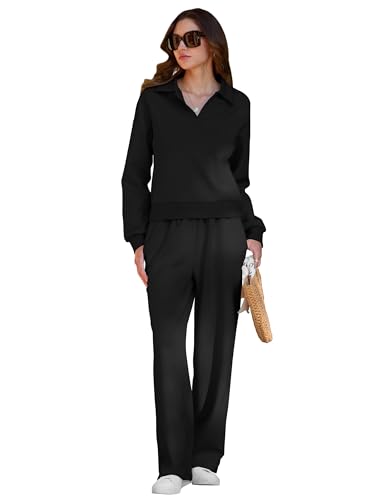 MARZXIN 2025 Herbst Winter Schlafanzug Damen Lang Loungewear Set Sweatshirt und Weite Hose Pyjama Set Schwarz XXL von MARZXIN