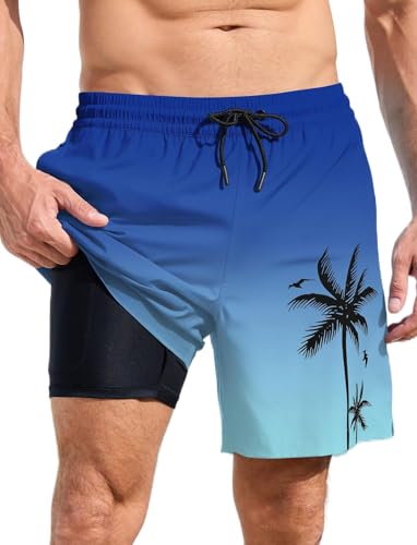 MARZXIN Badehose Herren 2 in 1 Badeshorts Schnelltrocknend Atmungsaktiv Schwimmhose Strandshorts Trainingsshorts mit Kompressionsliner Blau Weiß S von MARZXIN