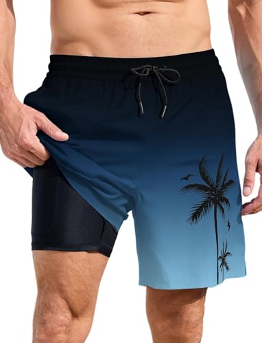 MARZXIN Badehose Herren 2 in 1 Badeshorts Schnelltrocknend Atmungsaktiv Schwimmhose Strandshorts Trainingsshorts mit Kompressionsliner Schwarz Blau M von MARZXIN
