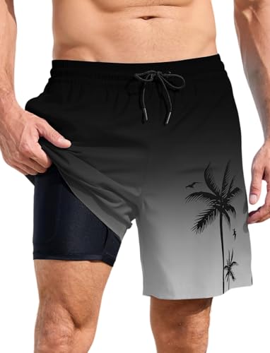 MARZXIN Badehose Herren 2 in 1 Badeshorts Schnelltrocknend Atmungsaktiv Schwimmhose Strandshorts Trainingsshorts mit Kompressionsliner Schwarz Grau S von MARZXIN