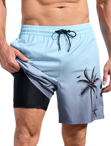 MARZXIN Badehose Herren 2 in 1 Badeshorts Schnelltrocknend Atmungsaktiv Schwimmhose Strandshorts mit Kompressionsliner Blau Grau L von MARZXIN