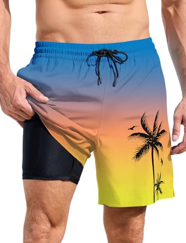 MARZXIN Badehose Herren 2 in 1 Badeshorts Schnelltrocknend Atmungsaktiv Schwimmhose Strandshorts mit Kompressionsliner Blau Orange Gelb L von MARZXIN