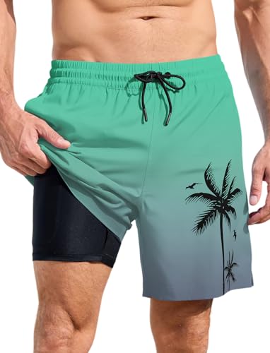 MARZXIN Badehose Herren 2 in 1 Badeshorts Schnelltrocknend Atmungsaktiv Schwimmhose Strandshorts mit Kompressionsliner Grün Grau 2XL von MARZXIN