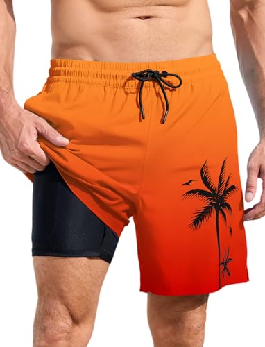 MARZXIN Badehose Herren 2 in 1 Badeshorts Schnelltrocknend Atmungsaktiv Schwimmhose Strandshorts mit Kompressionsliner Orange Rot L von MARZXIN