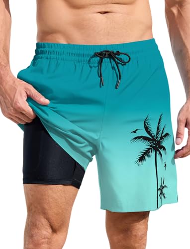 MARZXIN Badehose Herren 2 in 1 Badeshorts Schnelltrocknend Atmungsaktiv Schwimmhose Strandshorts mit Kompressionsliner Türkis S von MARZXIN