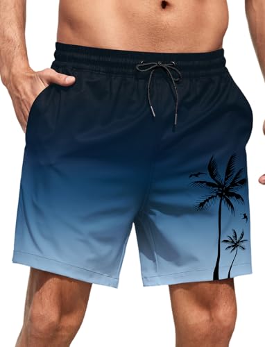 MARZXIN Badehose Herren kurz Hawaii Badeshorts für Herren 5 Zoll Inseam Schwimmhose Schnell Trocknend Badehosen UV-Schutz Swim Shorts mit innenhose für Strand Swimming Blau Grau S von MARZXIN