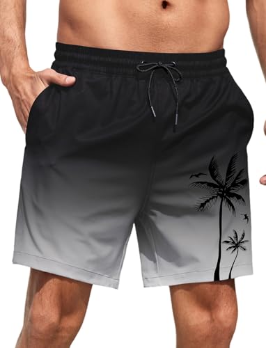MARZXIN Badehose Herren kurz Hawaii Badeshorts für Herren 5 Zoll Inseam Schwimmhose Schnell Trocknend Badehosen UV-Schutz Swim Shorts mit innenhose für Strand Swimming Schwarz Grau L von MARZXIN