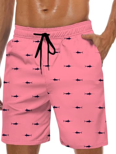 MARZXIN Badeshorts Herren Schnelltrocknend Badehose für Männer mit Meshfutter Boardshorts Lang Strandshorts Atmungsaktiv Schwimmhosen Jungen Hai Rosa S von MARZXIN