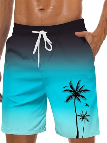 MARZXIN Badeshorts Herren Schnelltrocknend Badehose für Männer mit Meshfutter Boardshorts Lang Strandshorts Atmungsaktiv Schwimmhosen Jungen Schwarz Blau Kokosnussbaum 2XL von MARZXIN