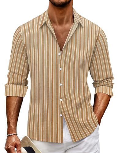 MARZXIN Hemd Herren Gestreifte Langarm Button Down Shirt Hawaii Regular Fit Freizeithemd Männer Hemden Lässige Herrenhemd Khaki M von MARZXIN