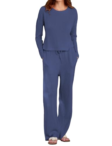 MARZXIN Schlafanzug Damen Lang Pyjama Set Langarm Rundhals Nachtwäsche Sleepwear Loungewear Hausanzug mit Taschen für Zuhause Freizeit Dunkelblau L von MARZXIN