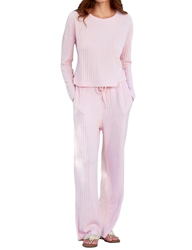 MARZXIN Schlafanzug Damen Lang Pyjama Set Langarm Rundhals Nachtwäsche Sleepwear Loungewear Hausanzug mit Taschen für Zuhause Freizeit Rosa L von MARZXIN