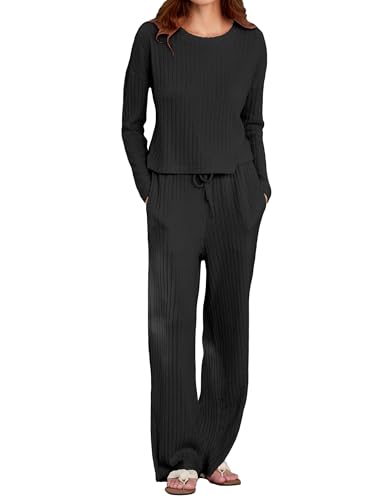 MARZXIN Schlafanzug Damen Lang Pyjama Set Langarm Rundhals Nachtwäsche Sleepwear Loungewear Hausanzug mit Taschen für Zuhause Freizeit Schwarz S von MARZXIN