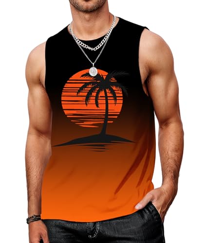 MARZXIN Tank Top Herren Ärmelloses Hawaii Printed Muskelshirts Gym Unterhemd Atmungsaktive T-Shirt Schwarz Orange S von MARZXIN