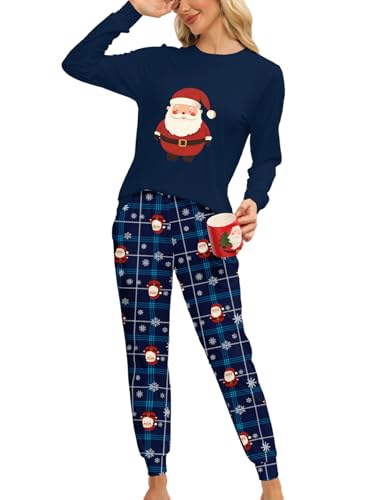 MARZXIN Weihnachten Schlafanzug Damen Langarm Zweiteiliger Pyjama Set Nachtwäsche Loungewear Sleepwear Hausanzug Blau M von MARZXIN