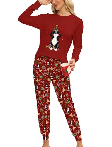 MARZXIN Weihnachten Schlafanzug Damen Langarm Zweiteiliger Pyjama Set Nachtwäsche Loungewear Sleepwear Hausanzug Rot L von MARZXIN