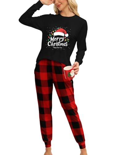 MARZXIN Weihnachten Schlafanzug Damen Langarm Zweiteiliger Pyjama Set Nachtwäsche Loungewear Sleepwear Hausanzug Rot Schwarz Kariert M von MARZXIN