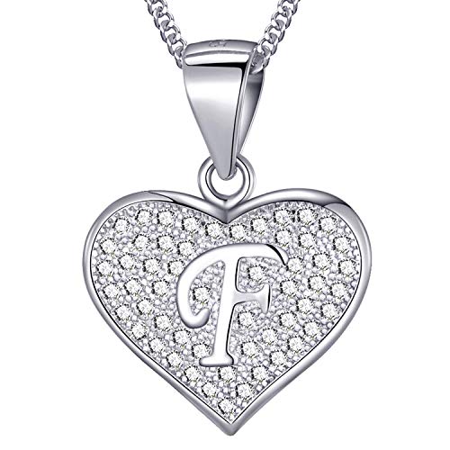 MASADA 925 Silber Herz Buchstaben-Halskette - Initialen-Anhänger mit Zirkonia-Steinen - Buchstabe F - 46 cm Kette mit Samtbeutel von MASADA
