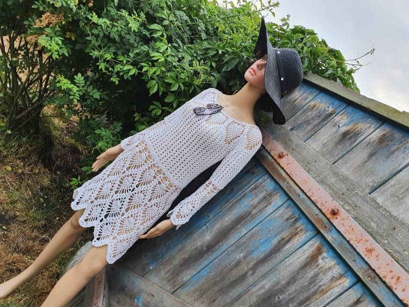 Boho Häkelkleid Weiß, Spitzenmuster, Tunika, Strand Cover Up, Gr. S-M von MASCHENPUNK