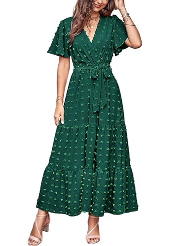 MASCOMODA Damen-Maxikleid im Boho-Stil, mit Schweizer Punkten, V-Ausschnitt, Flattern, kurze Ärmel, fester Bindegürtel, A-Linie, gestuftes, fließendes langes Kleid, Dunkelgrün, X-Groß von MASCOMODA