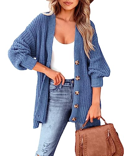 MASCOMODA Damen Langarm Übergroße Zopfstrick Pullover Cardigan 2023 Herbst Open Front Button Down Grobstrick Outwear Mantel, Blau, Groß von MASCOMODA
