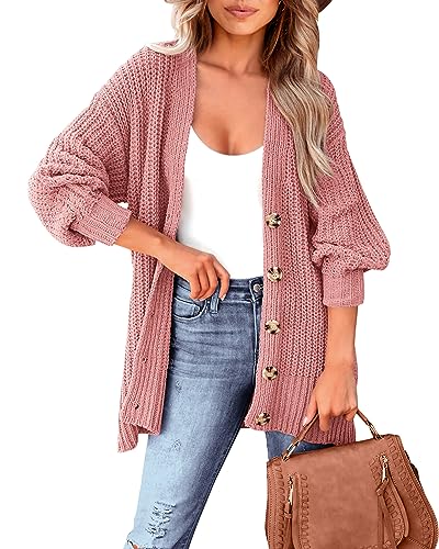 MASCOMODA Damen Langarm Übergroße Zopfstrick Pullover Cardigan 2023 Herbst Open Front Button Down Grobstrick Outwear Mantel, Pink, Groß MASCOMODA Damen Langarm Übergroße Zopfstrick Pullover Cardigan 2023 Herbst Open Front Button Down Grobstrick Outwear Mantel, Pink, Groß von MASCOMODA