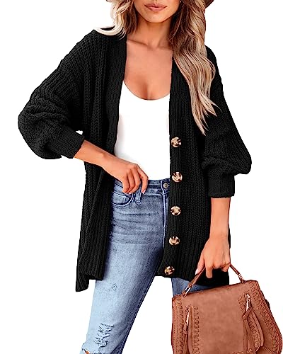 MASCOMODA Damen Langarm Übergroße Zopfstrick Pullover Cardigan 2023 Herbst Open Front Button Down Grobstrick Outwear Mantel, Schwarz, Klein von MASCOMODA