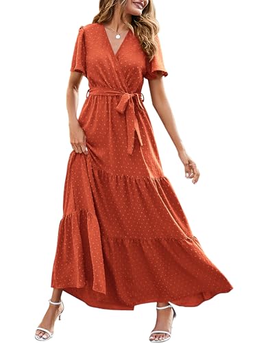 MASCOMODA Damen-Maxikleid im Boho-Stil, mit Schweizer Punkten, V-Ausschnitt, Flattern, kurze Ärmel, fester Bindegürtel, A-Linie, gestuftes, fließendes langes Kleid, S-Burnt Orange, XX-Large von MASCOMODA