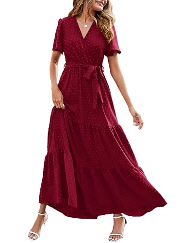 MASCOMODA Damen-Maxikleid im Boho-Stil, mit Schweizer Punkten, V-Ausschnitt, Flattern, kurze Ärmel, fester Bindegürtel, A-Linie, gestuftes, fließendes langes Kleid, S-Weinrot, Mittel von MASCOMODA
