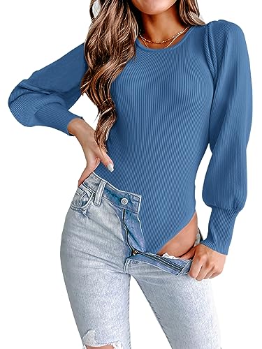MASCOMODA Langer Pullover mit Puffärmeln für Damen 2025 Herbst Winter Rundhalsausschnitt Strick gerippter Body Pullover Tops, Dunkelblau, Klein von MASCOMODA
