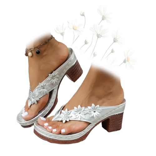 MASHANGGOU Chunky Sandals for Women, Chic Arch Support Floral Wedge Flip Flops Sandals Outings Slip on Heeled Sandal for Beach Travel Casual (Silver,38EU) von MASHANGGOU