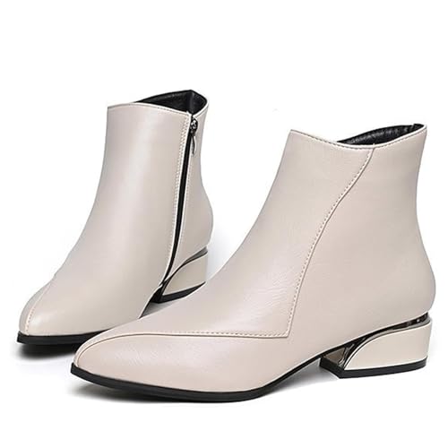 MASHANGGOU Damen-Stiefeletten mit niedrigem Absatz, stilvolle Stiefeletten mit niedrigem Absatz, seitlicher Reißverschluss, wasserdicht, Leder-Stiefeletten (40 EU, Beige) von MASHANGGOU