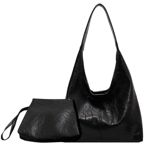 MASHANGGOU Leather Tote Bag for Women, Large Capacity Slouchy Hobo Shoulder Bag with Pouch Shoulder Bag Underarm Bag for Work Travel College (Black) von MASHANGGOU