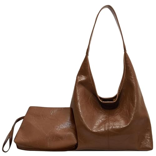 MASHANGGOU Leather Tote Bag for Women, Large Capacity Slouchy Hobo Shoulder Bag with Pouch Shoulder Bag Underarm Bag for Work Travel College (Brown) von MASHANGGOU