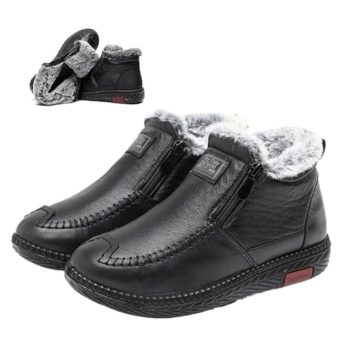 MASHANGGOU New Fleece Thickened Warm Snow Boots, Women's Waterproof Non-Slip Warm Cotton Leather Boots Wide Width Front Zips Ankle Boot (Black,38EU) von MASHANGGOU