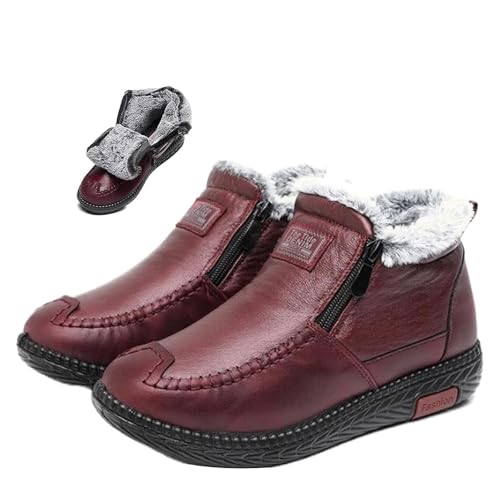 MASHANGGOU New Fleece Thickened Warm Snow Boots, Women's Waterproof Non-Slip Warm Cotton Leather Boots Wide Width Front Zips Ankle Boot (Red,38EU) von MASHANGGOU