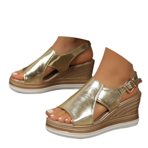 MASHANGGOU Orthopedic Wedge Sandals for Women, Summer Casual Strappy Gold Sandals Comfortable Open Toe Thick Sole Wedge Sandal Beach Shoes (Gold,38EU) von MASHANGGOU