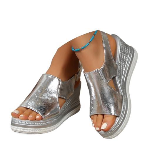 MASHANGGOU Orthopedic Wedge Sandals for Women, Summer Casual Strappy Gold Sandals Comfortable Open Toe Thick Sole Wedge Sandal Beach Shoes (Silver,39EU) von MASHANGGOU