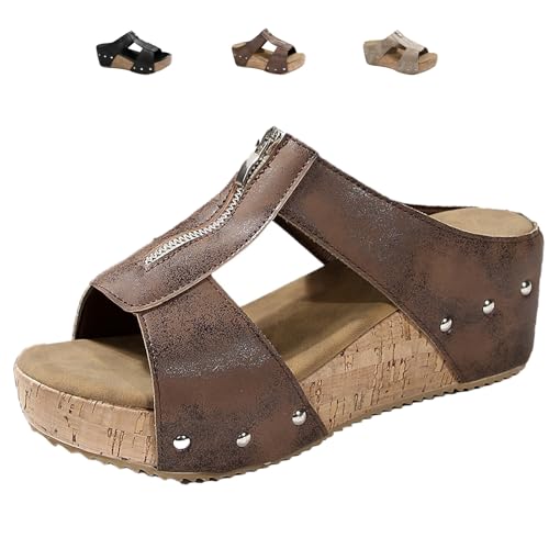 MASHANGGOU Orthopedic Zipper Thick Sole Wedge Slippers, Comfortable Platform Wedge Heeled Slip-On Slides Ladies Width Wedge Sandals (Brown,38) von MASHANGGOU