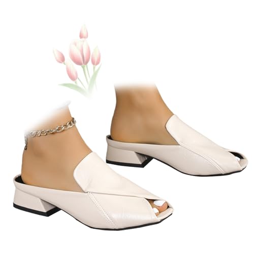 MASHANGGOU Women's Chic & Comfy Solid Color Slip-On Sandals, Versatile Vacation Mules Square Toe Casual Open Toe Low Heel Dressy Slide Sandals (Beige,35EU) von MASHANGGOU
